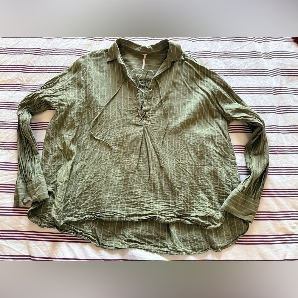 Free People Lace‑Up Peasant Tunic Shirt Boho Size Medium Green Olive Stripe
